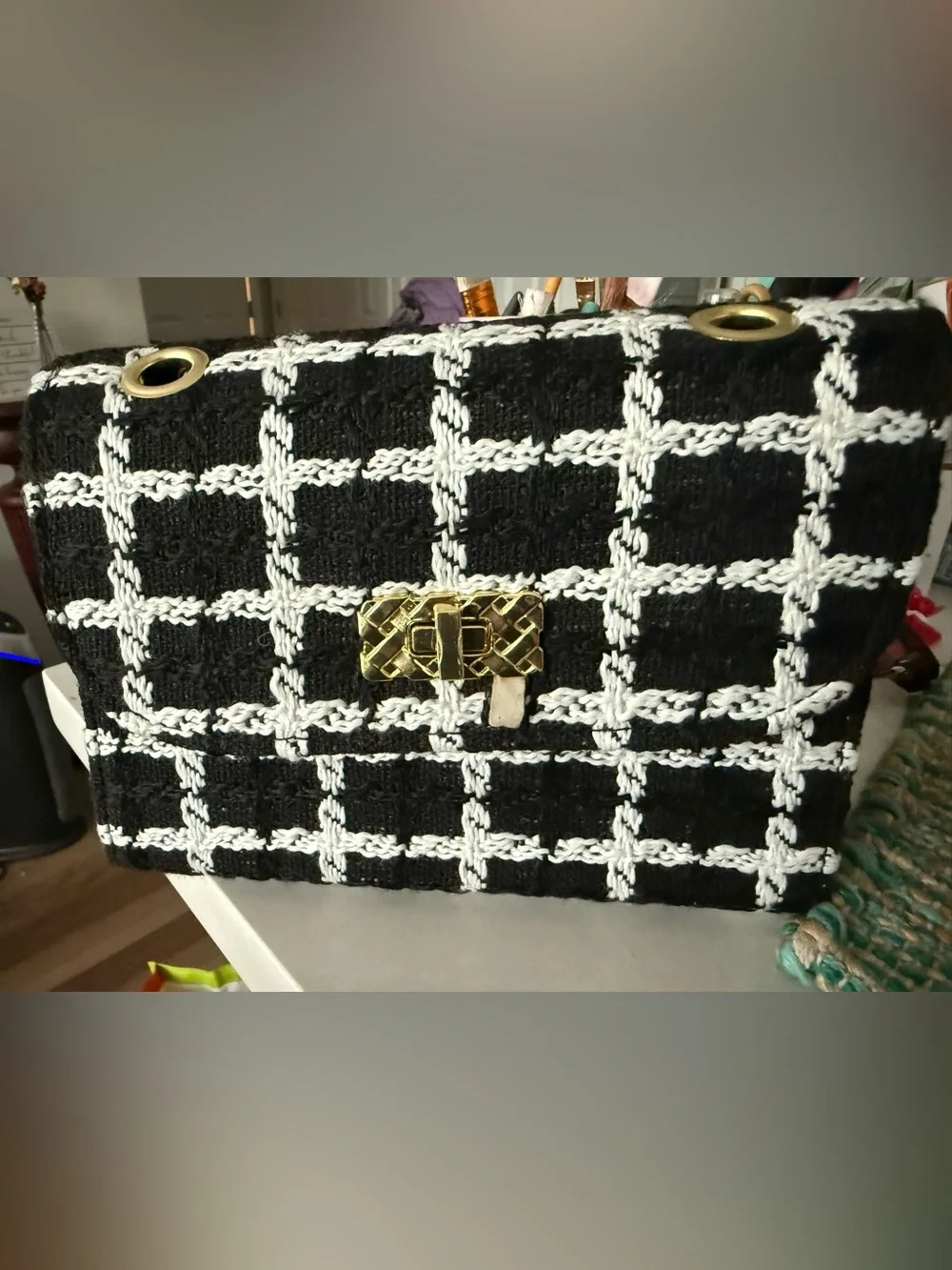 Black & White Check Tweed Clutch with Gold Hardware